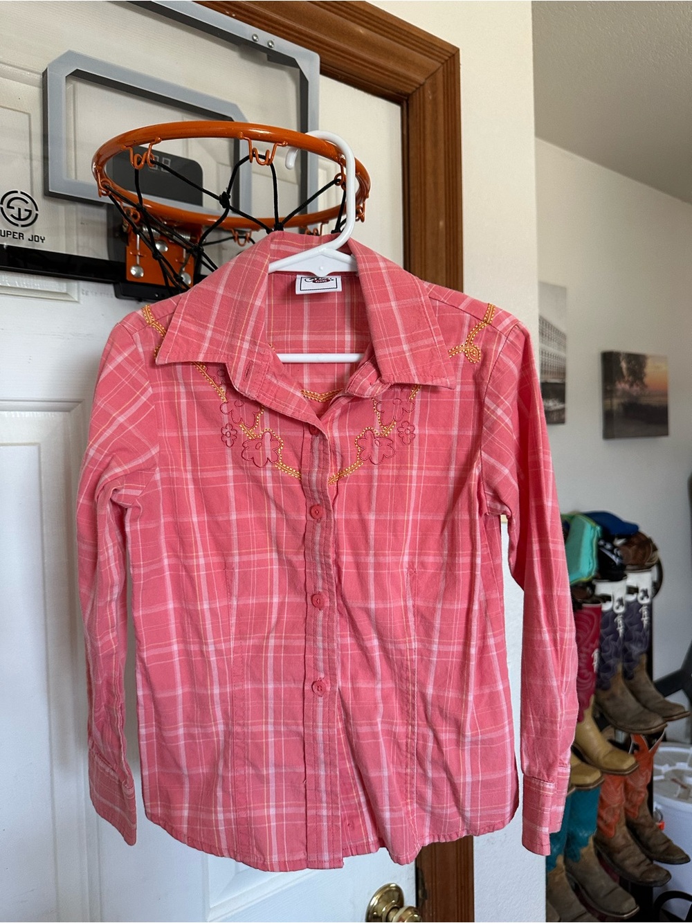 Cruel Girl Pink Plaid Button-Down Shirt with Floral Embroidery